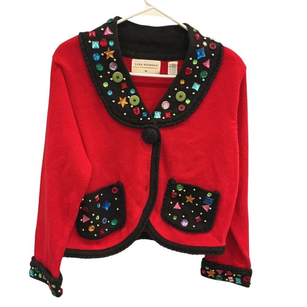 Vintage Lisa Nichols Womens Christmas Sweater‎ Size M Red Bejeweled Ugly Bling